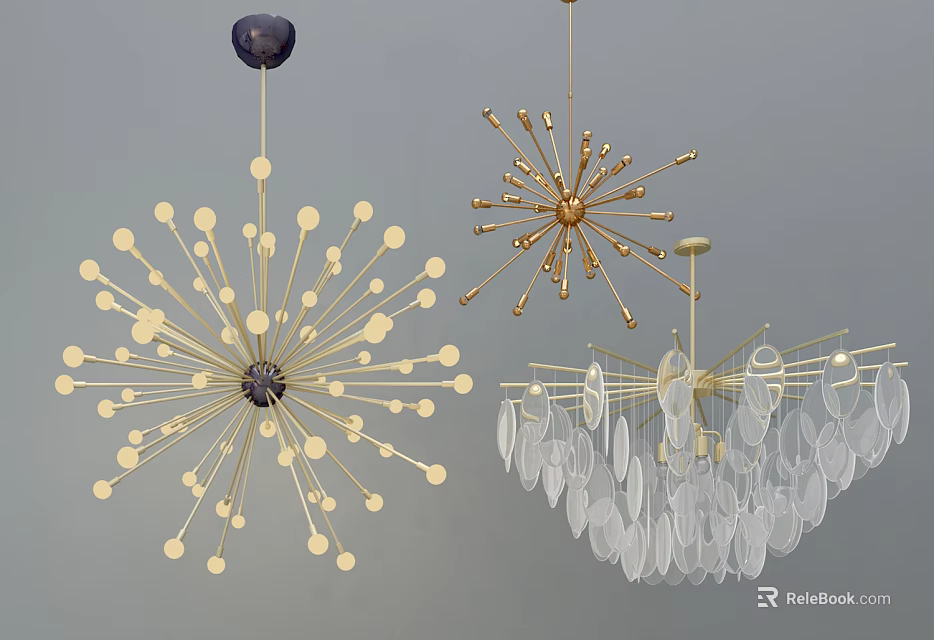 Unique Shaped Chandeliers Featuring Golden Metal And Transparent Glass Decorative Elements 3d model 