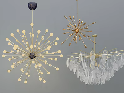 Unique Shaped Chandeliers Featuring Golden Metal And Transparent Glass Decorative Elements 3d model