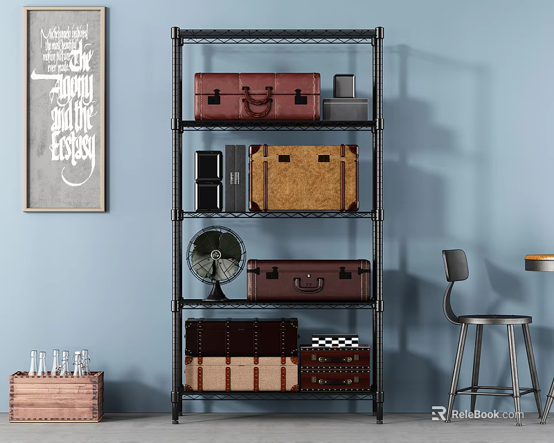 Multi tiered Metal Storage Shelf With Brown Black Woven Suitcases And Vintage Fan 3d model 