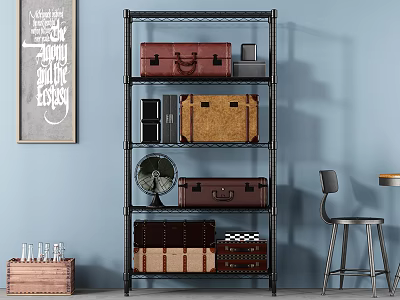 Multi tiered Metal Storage Shelf With Brown Black Woven Suitcases And Vintage Fan 3d model