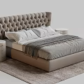 Modern Upholstered Double Bed with Tufted Headboard Plush Pillows and Round Nightstands on Beige Rug