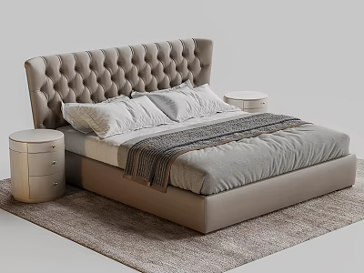 Modern Upholstered Double Bed with Tufted Headboard Plush Pillows and Round Nightstands on Beige Rug 3d model