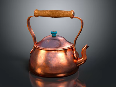 Copper Teapot with Wooden Handle Blue Lid Top Shiny Surface Classic Design on Dark Background 3d model