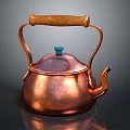 Copper Teapot with Wooden Handle Blue Lid Top Shiny Surface Classic Design on Dark Background