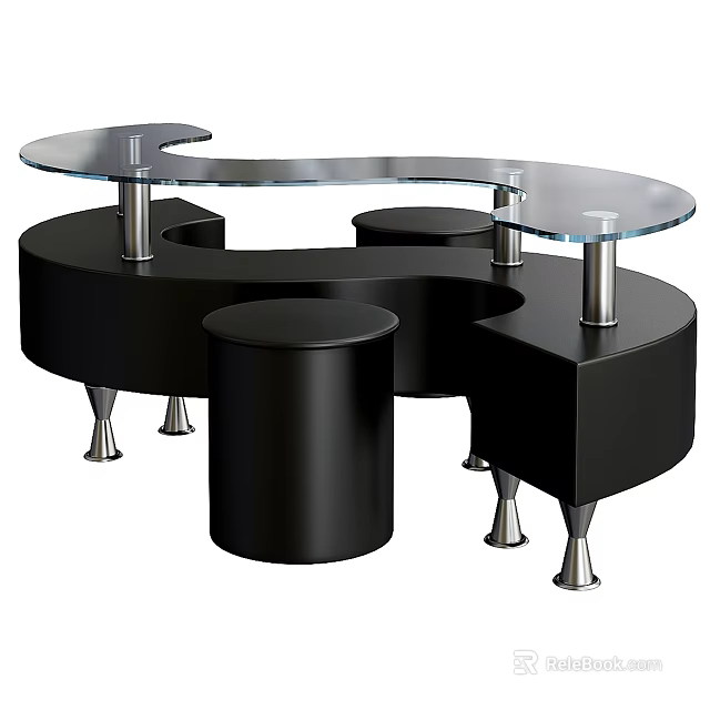 Modern Design Dining Table With Glass Tabletop Black Base And Metal Support Legs 3d model 