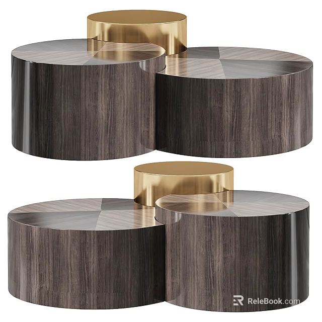 Elegant Modern Round Coffee Table With Wood Grain And Gold Accents 3d model 