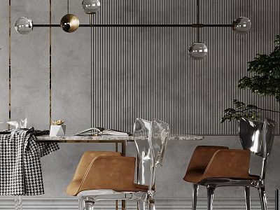 Modern Dining Table Set With Transparent Brown Chairs Glass Ball Pendant Lights Gray Striped Wall 3d model