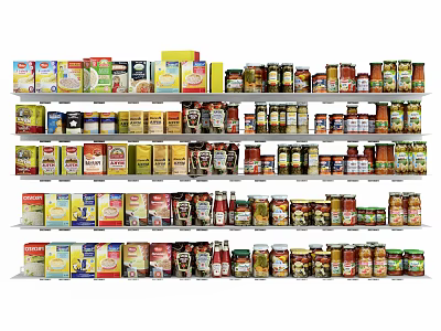 Assorted Canned Food Items on Well Organized Shelves in Grocery Store 3d model