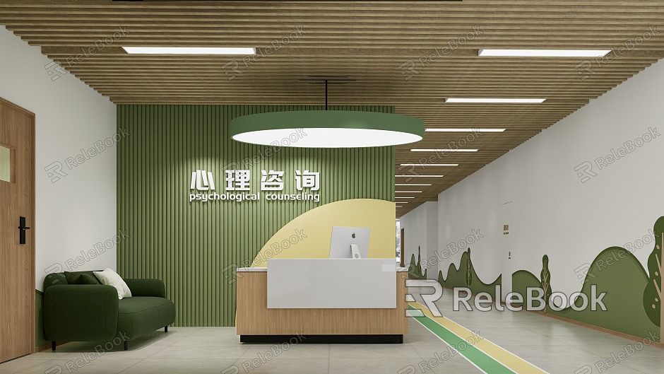 Psychological consultation room, reception desk, front desk, cultural corridor, sofa, tree shape model