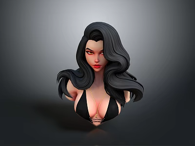 Cute Child Girl 3D Render with Long Black Hair and Red Lips 3d model