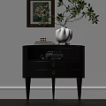 Black Nightstand With Two Drawers White Vase Green Leaves Toy Car And Framed Painting