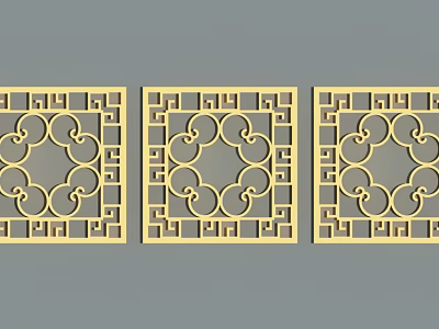 Three Traditional Yellow Carved Decorative Panels With Intricate Circular Lattice Patterns 3d model