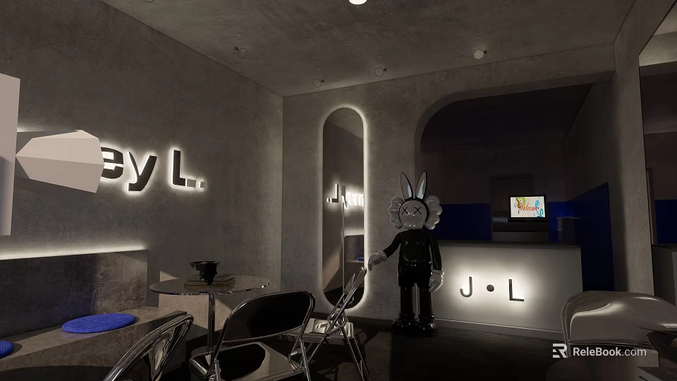 JL Modern Bubble Tea Shop Interior With Rabbit Doll Decoration Gray Wall And Curved Lighting 3d model 