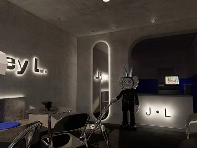 JL Modern Bubble Tea Shop Interior With Rabbit Doll Decoration Gray Wall And Curved Lighting 3d model