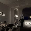 JL Modern Bubble Tea Shop Interior With Rabbit Doll Decoration Gray Wall And Curved Lighting
