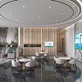 Modern Service Hall Interior Design With Reception Desk Digital Screens And Seating Area