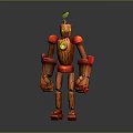 Wooden Apple Themed Robot Character For Game And Movie With Red Joints And Leaf