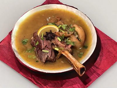 Nourishing Meat Soup with Bone Lemon Slice Star Anise and Coriander on Red Napkin 3d model