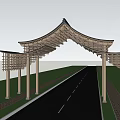 Traditional Wooden Chinese Paifang Archway Over Road With Green Trees And Blue Sky
