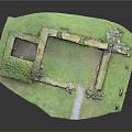 Ancient Ruin Model With Stone Walls Arched Doorways Grassy Ground And Stone Path