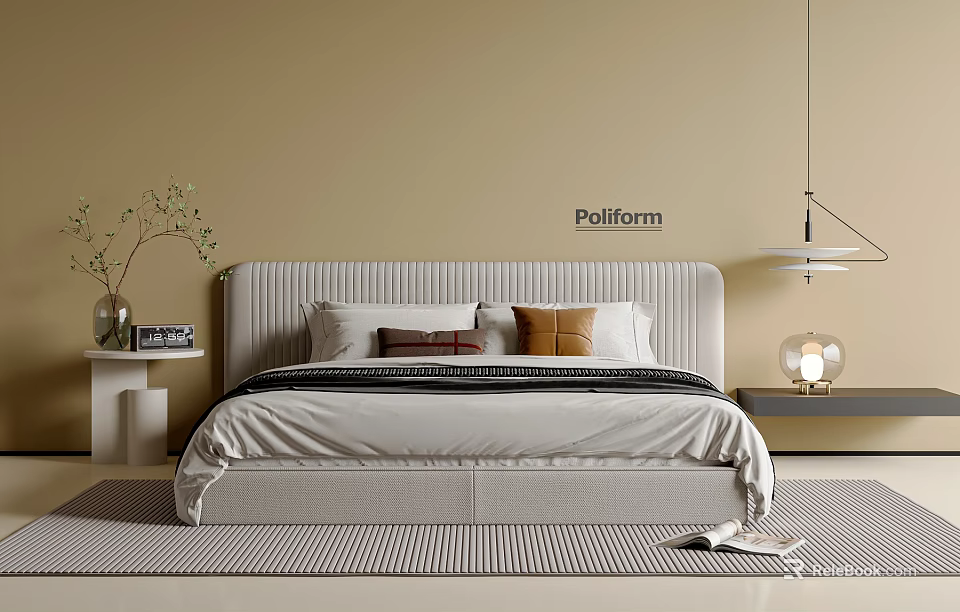 Modern Double Bed With Striped Headboard Decorative Pillows Bedside Table And Striped Rug 3d model