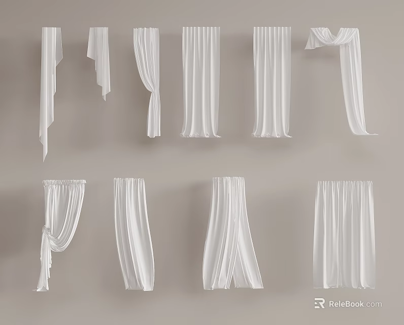 White Curtains Featuring Various Elegant Flowing Styles And Different Hanging Designs 3d model