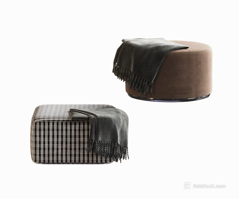Round Brown Velvet and Square Plaid Pattern Ottomans with Cozy Blankets 3d model