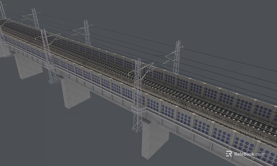 Modern Railway Bridge With Rail Tracks Electric Pylons Concrete Piers And Window Panels 3d model 
