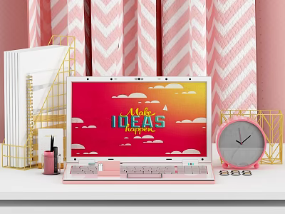 Pink Laptop Displaying Love IDEAS With Pink And White Striped Curtains Gold Rack And Clock 3d model