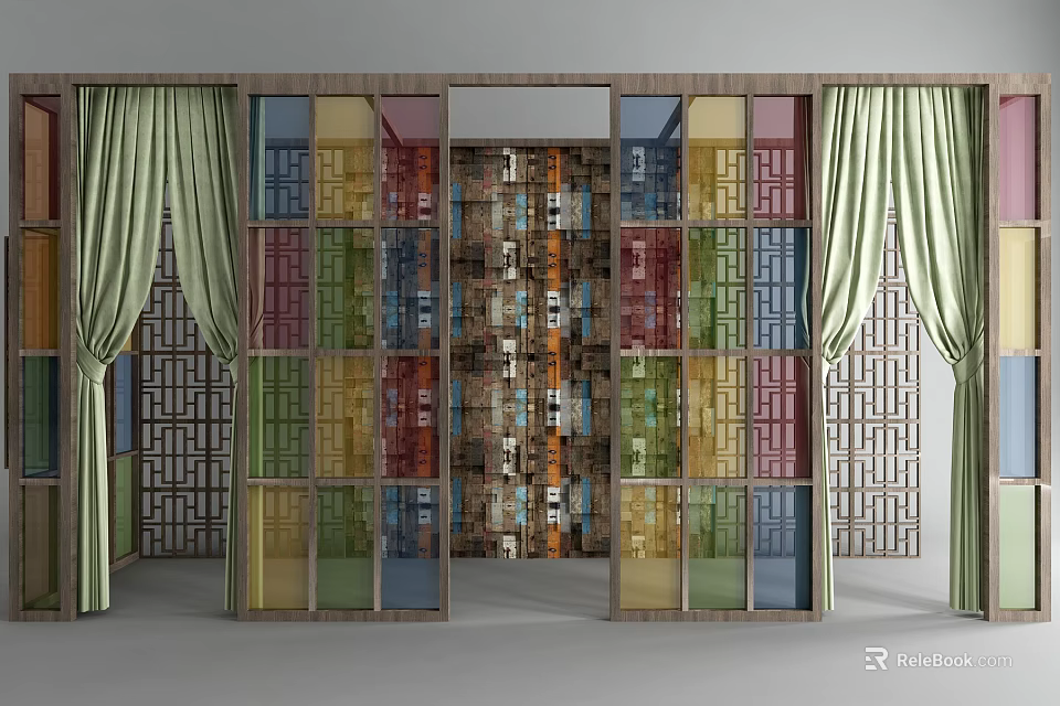 Colorful Glass Room Divider With Wooden Frame And Curtain Details In Interior Design 3d model 