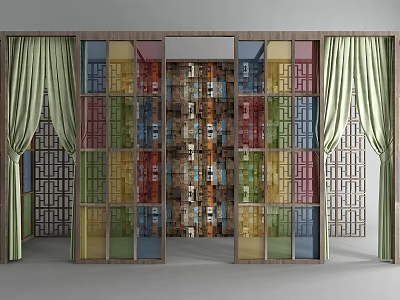 Colorful Glass Room Divider With Wooden Frame And Curtain Details In Interior Design 3d model