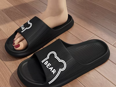 Black Casual Slippers With Bear Design And BEAR Lettering For Indoor Wear 3d model