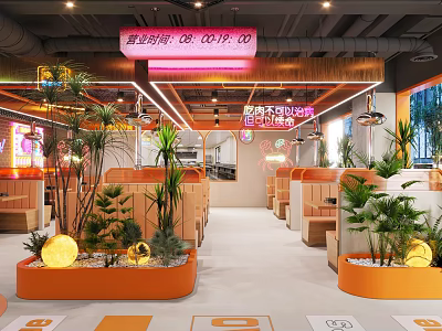 Modern Restaurant Interior With Orange Decor Plants Lighting And Seating Areas 3d model