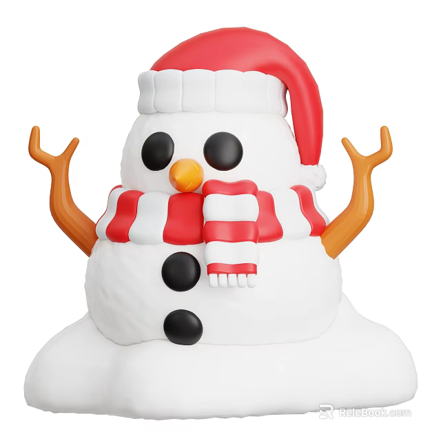 Christmas Snowman Decorative Ornament Set with Santa Hat Red White Scarf Black Buttons Orange Nose 3d model 