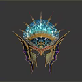 Ornate Decorative Headpiece with Blue Gemstones Golden Decorations and Red Spikes in Intricate Vibrant Design