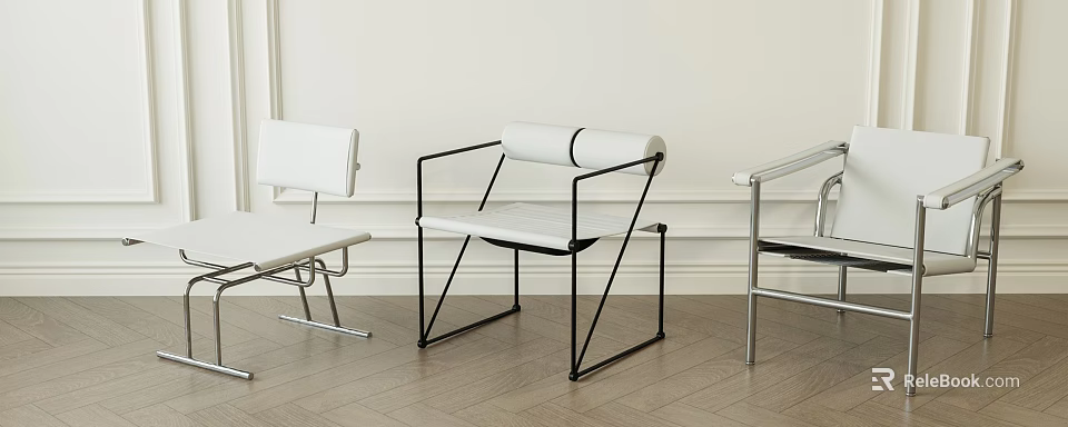 Modern Leisure Chair With Black Metal Frame White Cushion Rolled Backrest And Wooden Floor 3d model 