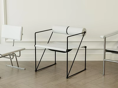 Modern Leisure Chair With Black Metal Frame White Cushion Rolled Backrest And Wooden Floor 3d model