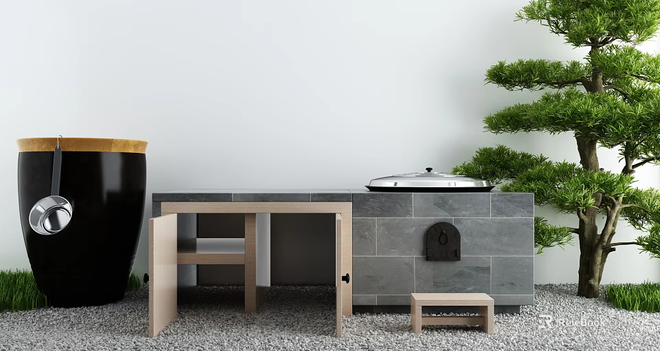 Open Wooden Cabinets In Outdoor Garden With Gray Brick Wall Green Plants And Gravel Floor 3d model 