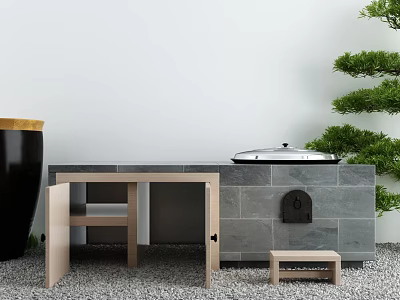 Open Wooden Cabinets In Outdoor Garden With Gray Brick Wall Green Plants And Gravel Floor 3d model