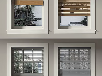 Stylish Window Blinds For Modern Home Windows With Exterior Green Plants And Architectural Views 3d model