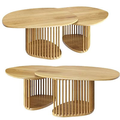 Modern Wooden Coffee Table With Oval Top Slatted Legs And Lower Shelf Design 3d model