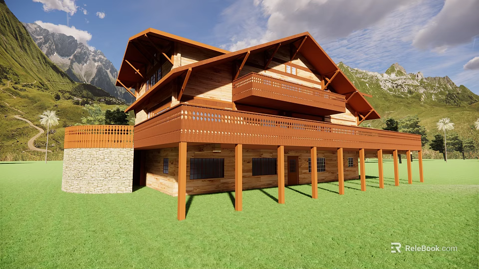 Two Story Wooden Detached Villa With Balcony And Grassland Near Mountains 3d model 