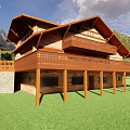 Two Story Wooden Detached Villa With Balcony And Grassland Near Mountains