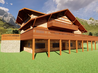 Two Story Wooden Detached Villa With Balcony And Grassland Near Mountains 3d model