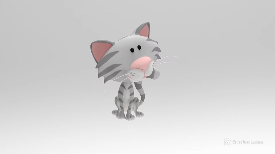 Cute 3D Cartoon Gray Striped Cat With Pink Ears And Nose Sitting 3d model 