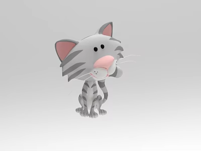 Cute 3D Cartoon Gray Striped Cat With Pink Ears And Nose Sitting 3d model