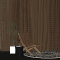 Stylish Woven Leisure Chair Against Wooden Lattice Wall with Potted Plant and Side Table