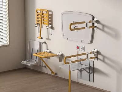 Folding Wall Mounted Stool With Yellow Grab Bars For Accessible Bathroom 3d model