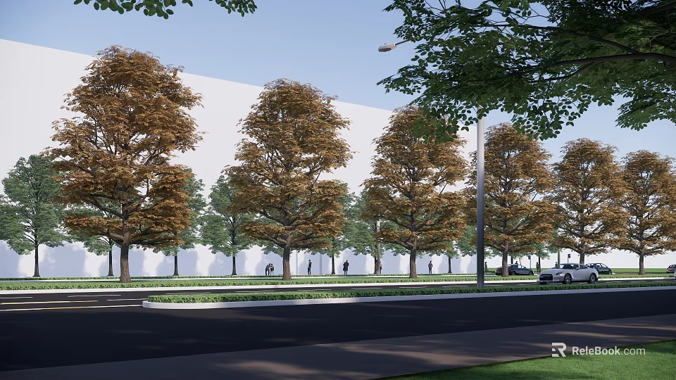 Municipal Road with Lined Street Trees Green Belts Street Lamps Pedestrians and Vehicles 3d model 