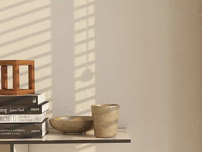 Minimalist Decorative Ornament Set With Wooden Rack Books Ceramic Bowl Mug And Sunlight Shadows 3d model